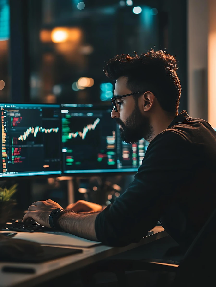 Trader em ambiente noturno acompanhando gráficos de mercado em múltiplas telas.