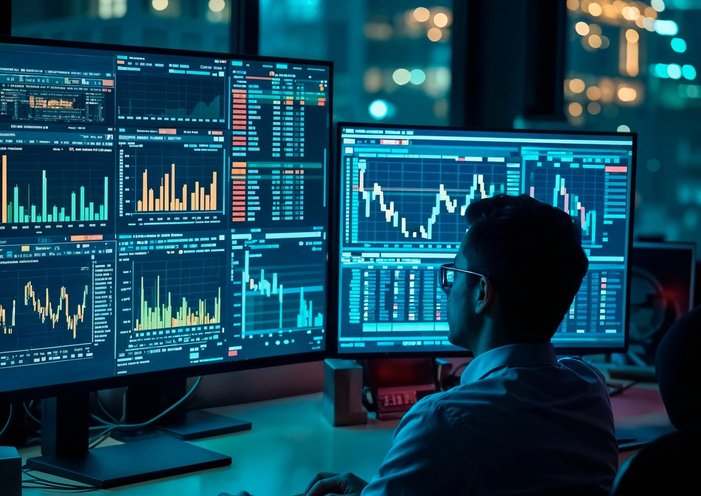 Imagem publicitária de trader acompanhando gráficos e dados de mercado em múltiplas telas.